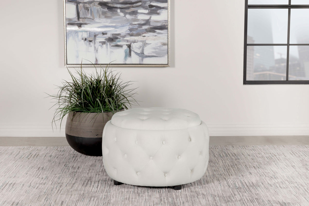 Angelina Tufted Storage Round Ottoman Pearl Angelina Tufted Storage Round Ottoman Pearl Half Price Furniture