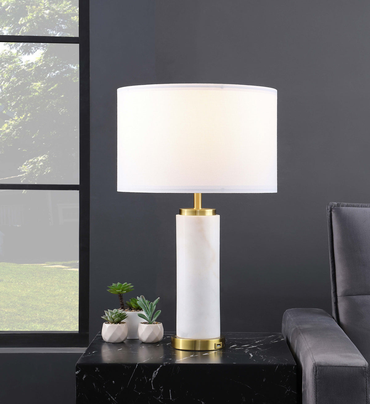 Lucius Drum Shade Bedside Table Lamp White and Gold  Las Vegas Furniture Stores