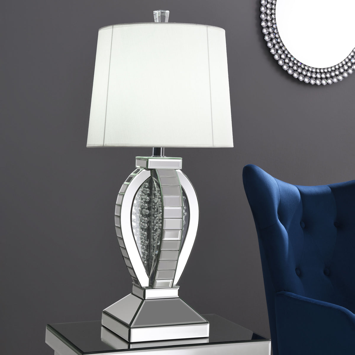 Klein Table Lamp with Drum Shade White and Mirror  Las Vegas Furniture Stores