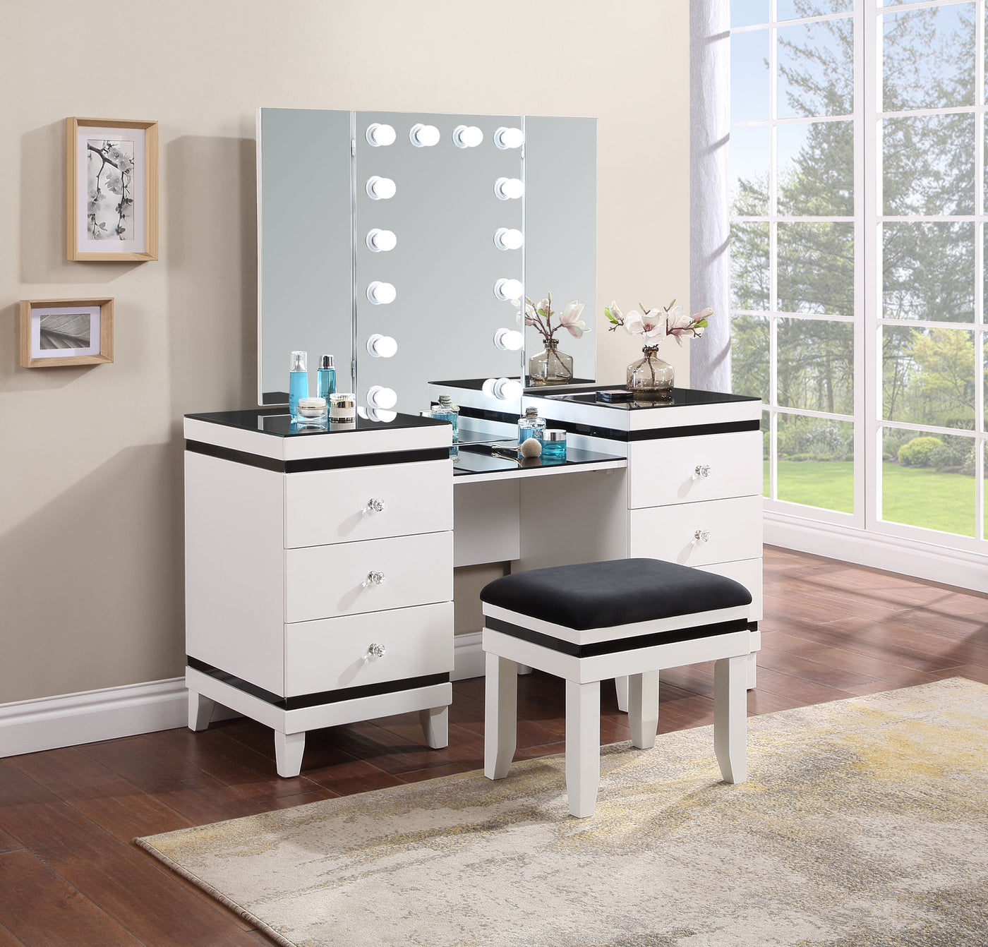 Talei 6-drawer Vanity Set with Hollywood Lighting Black and White Half Price Furniture