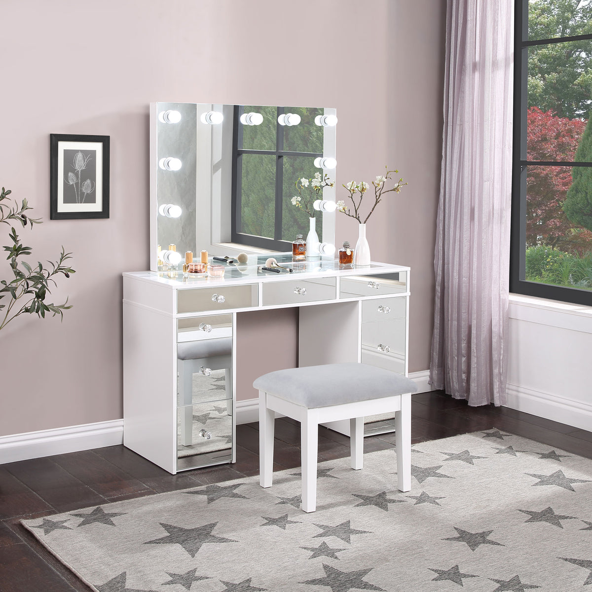 Regina 3-piece Makeup Vanity Table Set Hollywood Lighting White and Mirror Half Price Furniture