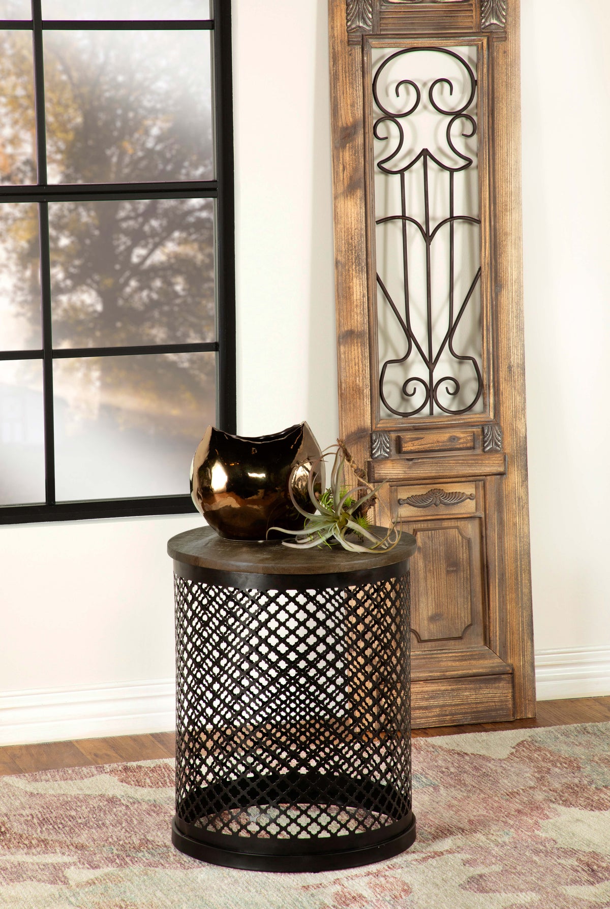 Aurora Round Accent Table with Drum Base Natural and Black Half Price Furniture