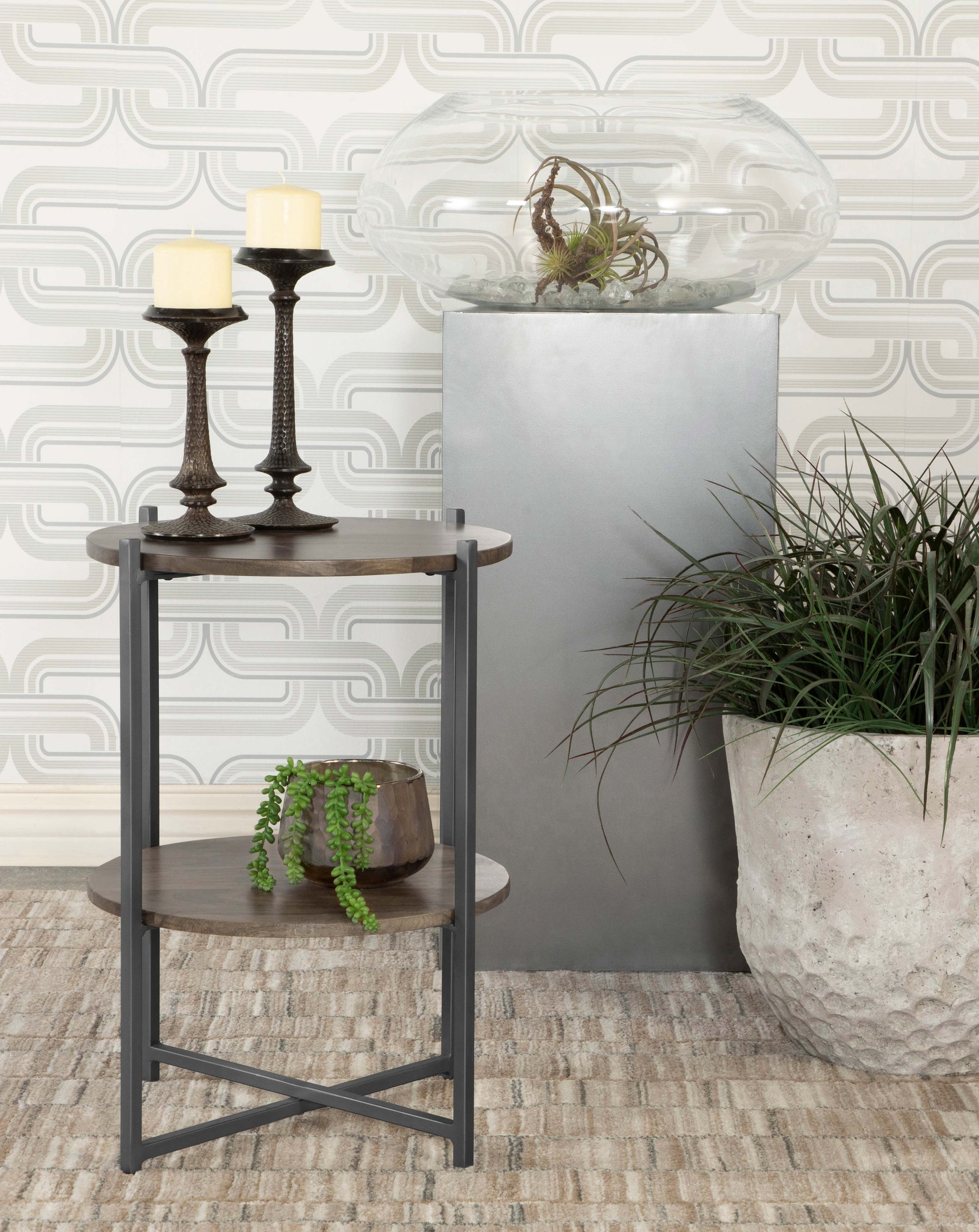 Axel Round Accent Table with Open Shelf Natural and Gunmetal Axel Round Accent Table with Open Shelf Natural and Gunmetal Half Price Furniture