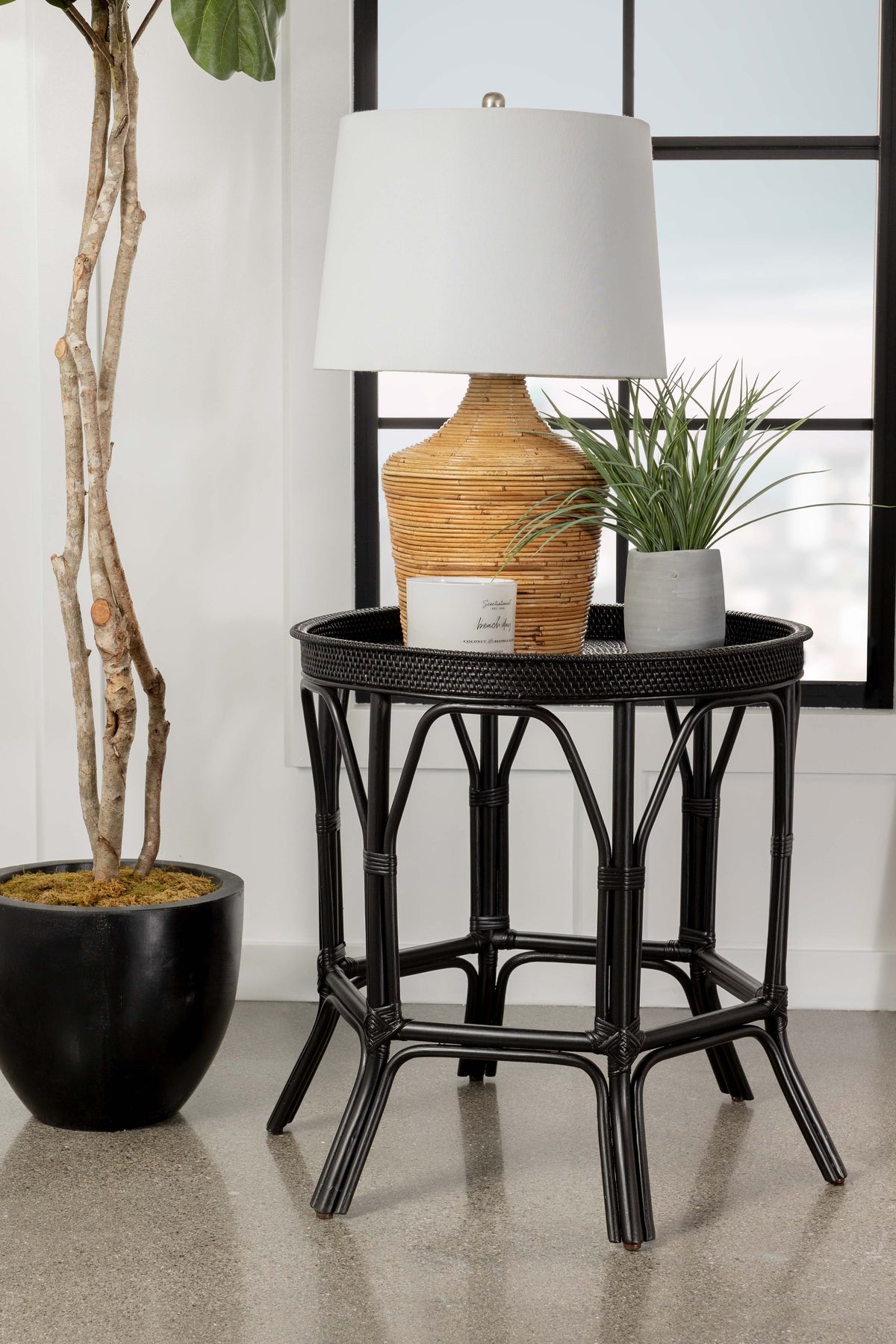 Antonio Round Rattan Tray Top Accent Table Black  Half Price Furniture