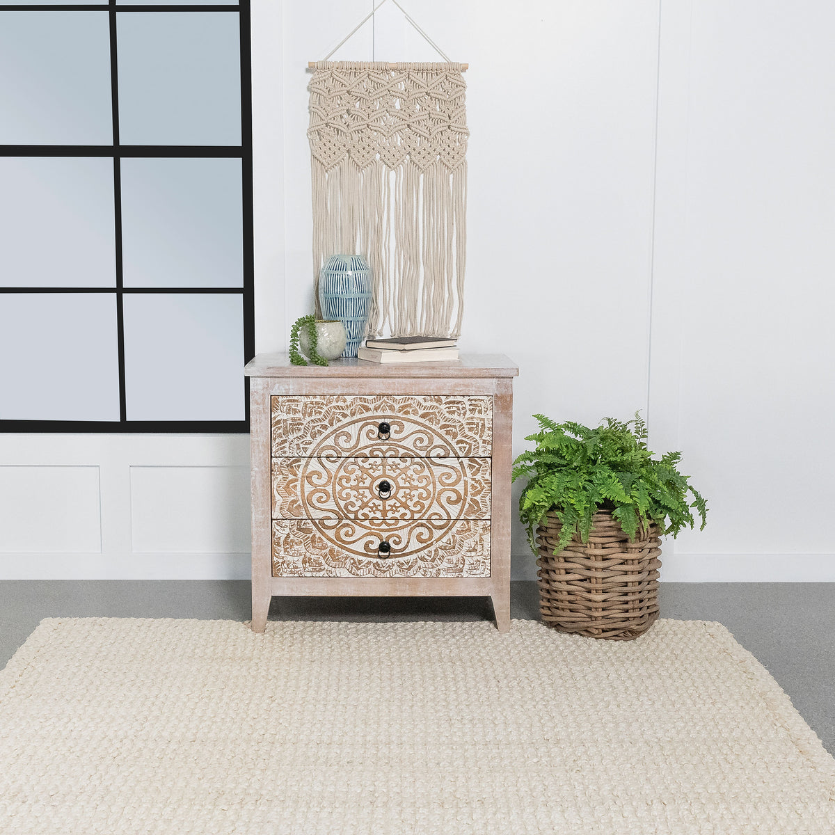 Mariska 3-drawer Wooden Accent Cabinet White Distressed Half Price Furniture