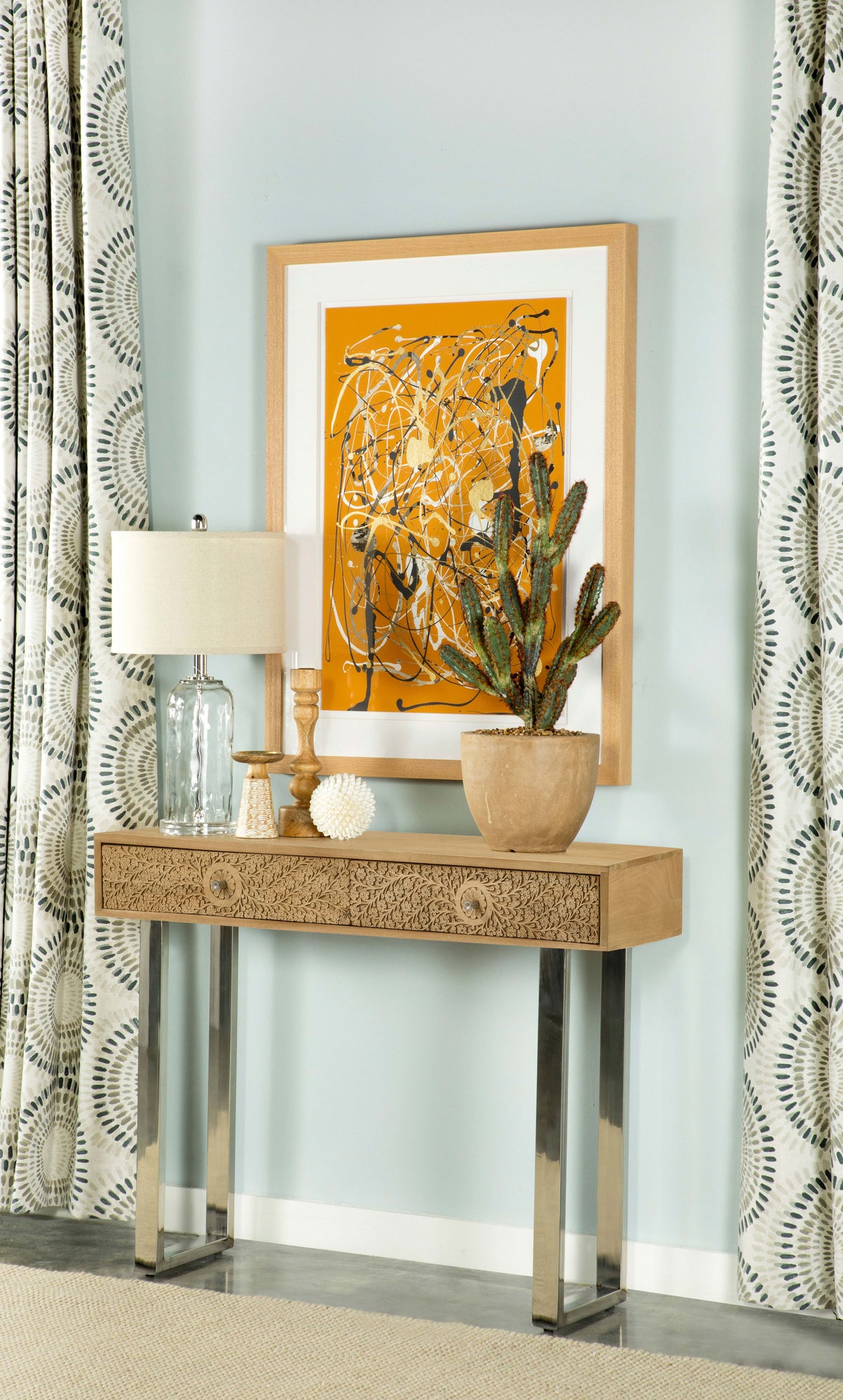 Draco Console Table with Hand Carved Drawers Natural  Las Vegas Furniture Stores