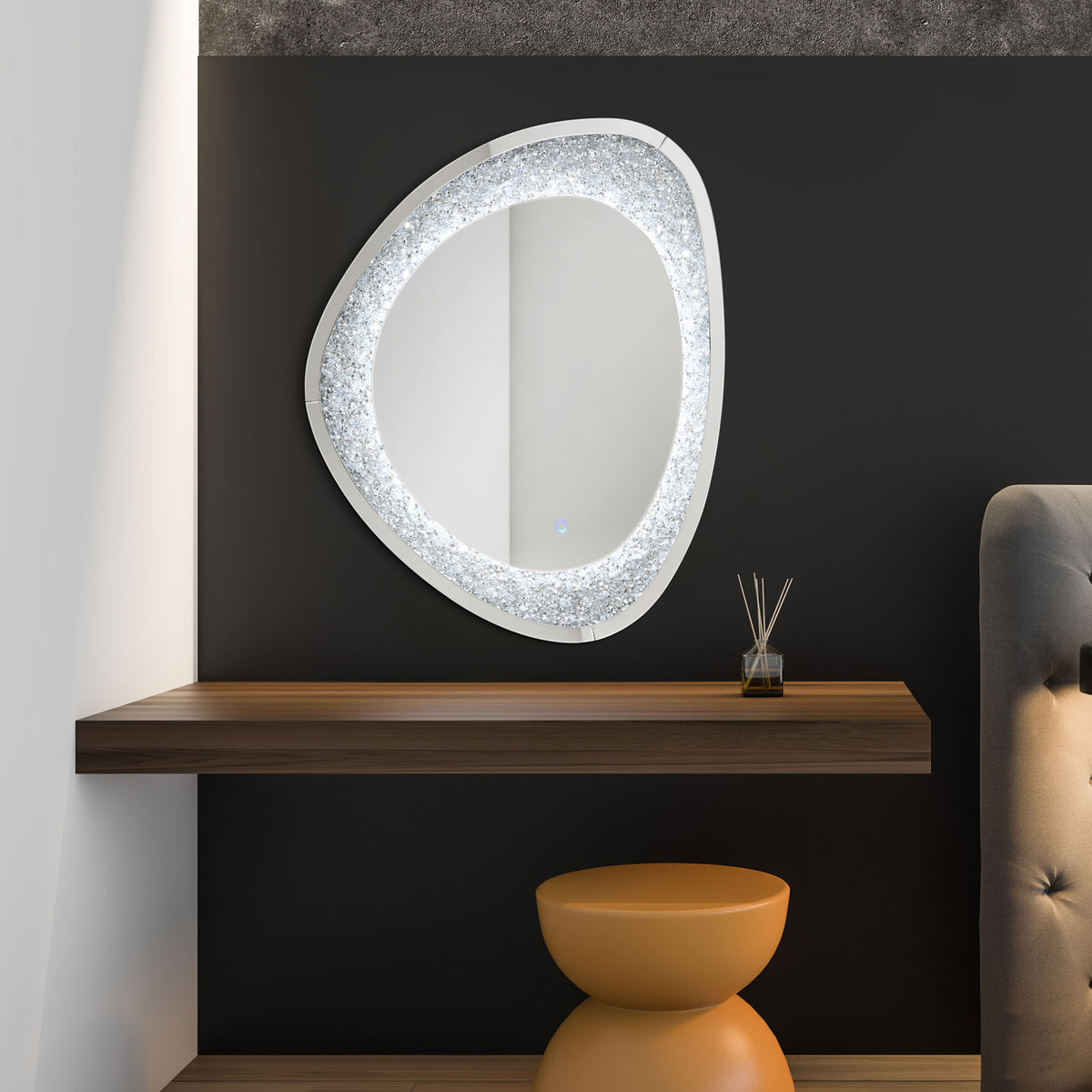 Mirage Acrylic Crystals Inlay Wall Mirror with LED Lights Half Price Furniture