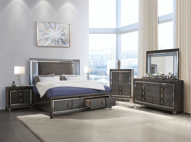 Sawyer PU & Metallic Gray Eastern King Bed Half Price Furniture