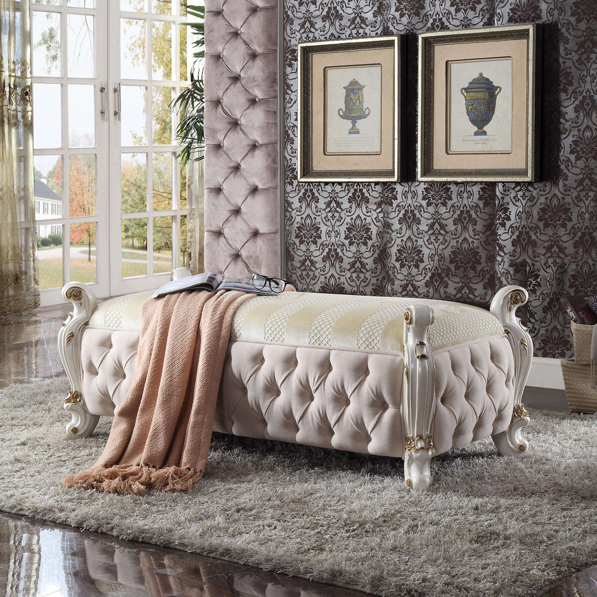 Picardy Fabric & Antique Pearl Bench - Half Price Furniture