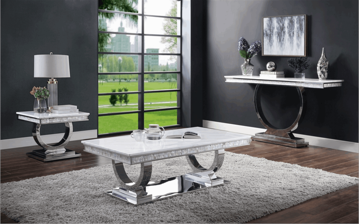 Zander White Printed Faux Marble & Mirrored Silver Finish Table Set Half Price Furniture