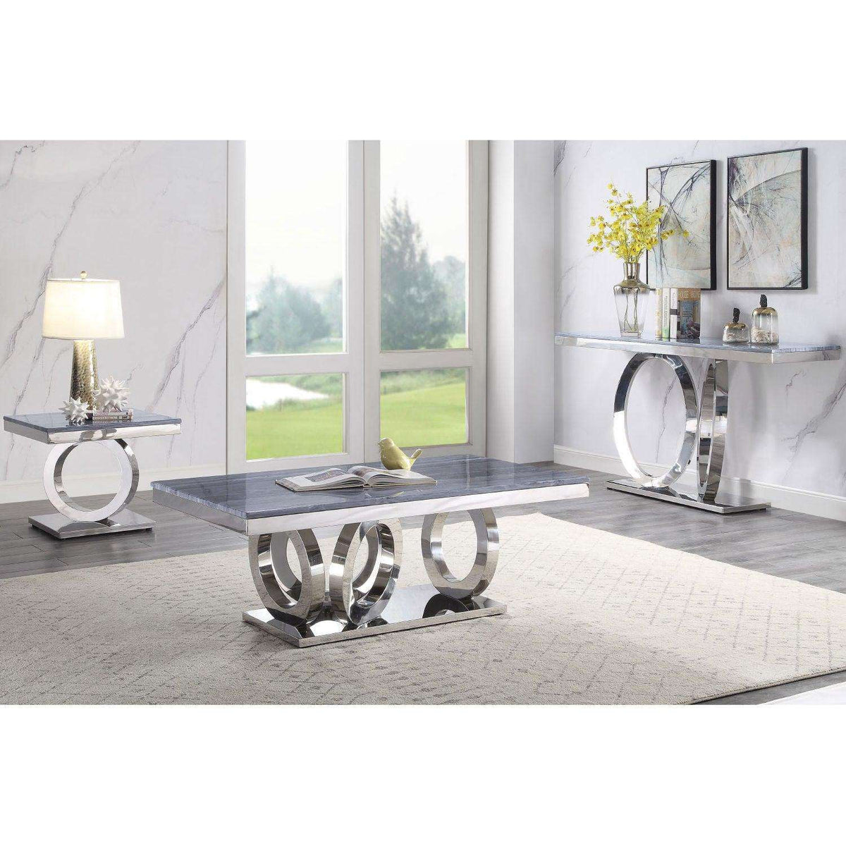 Zasir Gray Printed Faux Marble & Mirrored Silver Finish Table Set Half Price Furniture