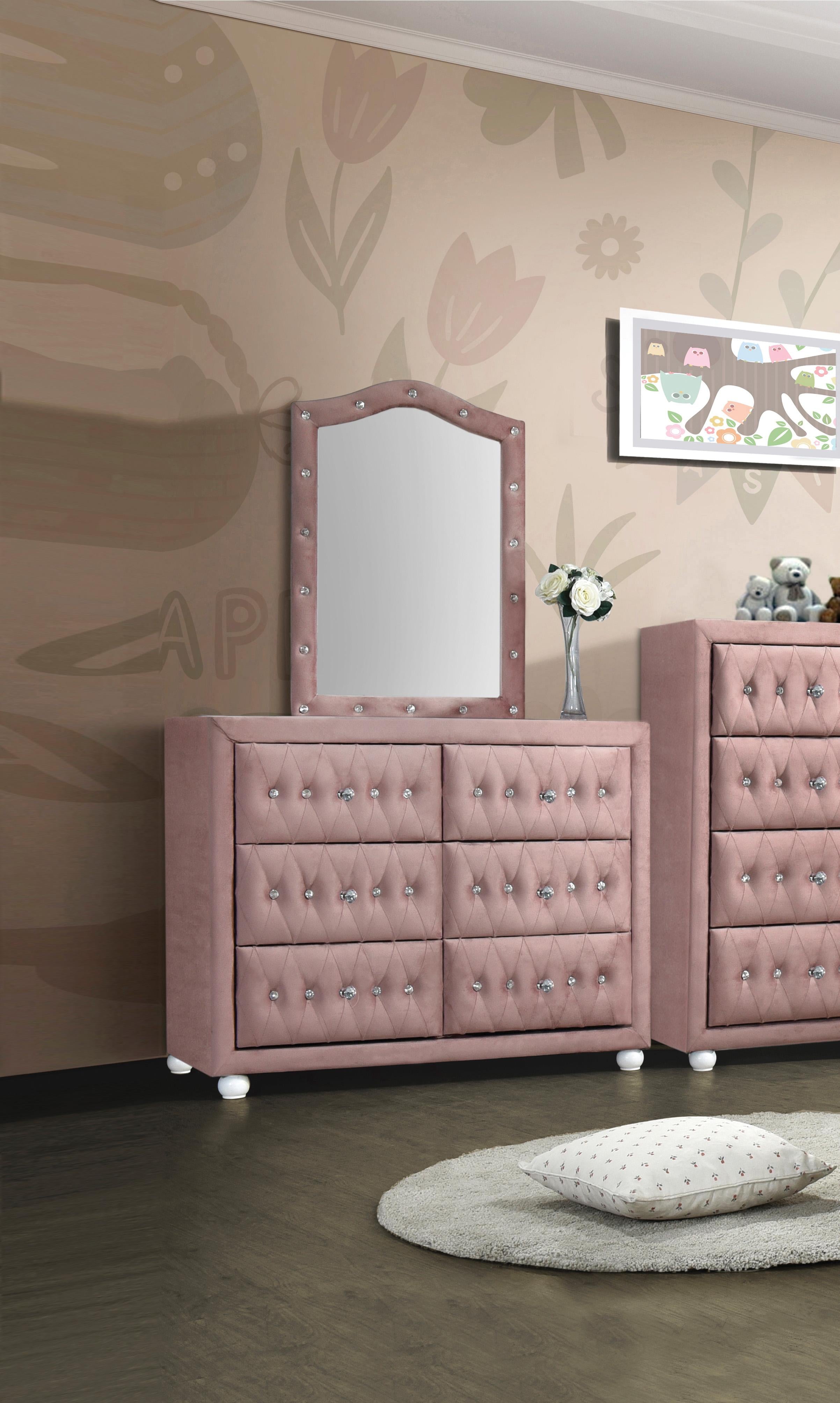 pink dresser mirror Acme Reggie Mirror, Pink Fabric