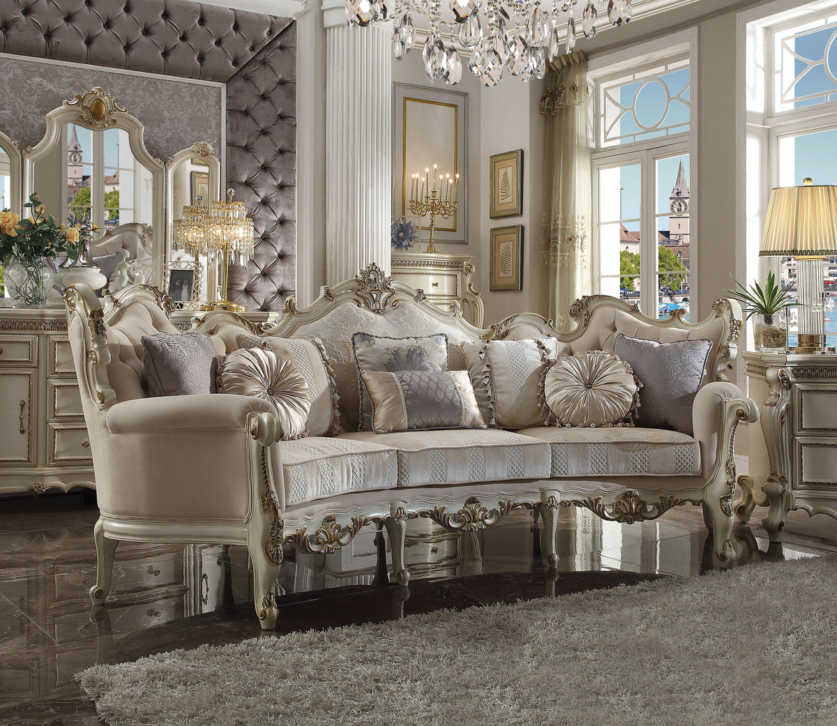 Picardy Fabric & Antique Pearl Sofa w/8 Pillows Half Price Furniture