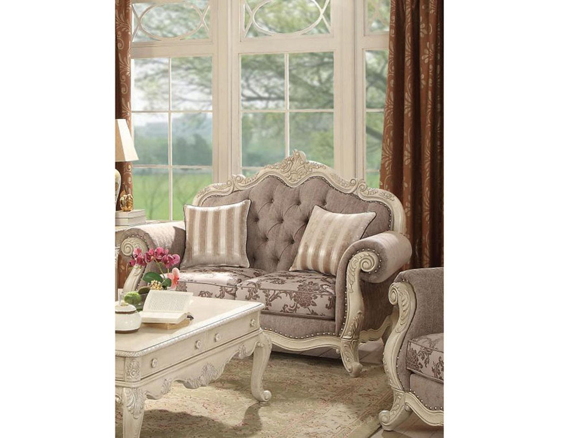 Acme Ragenardus Loveseat with 2 Pillows in Gray Fabric & Antique White 56021 Half Price Furniture
