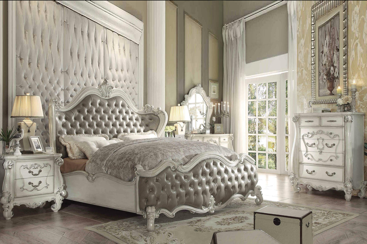 Versailles Vintage Gray PU & Bone White California King Bed  Las Vegas Furniture Stores