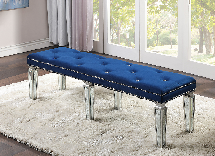 Varian Blue Velvet & Mirrored Bench  Las Vegas Furniture Stores