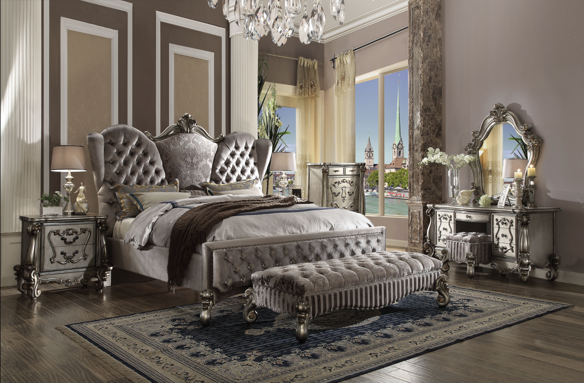 Versailles Velvet & Antique Platinum California King Bed  Las Vegas Furniture Stores