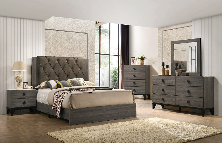 Avantika Fabric & Rustic Gray Oak Eastern King Bed  Las Vegas Furniture Stores