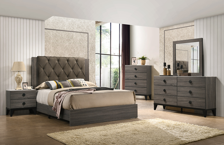 Avantika Fabric & Rustic Gray Oak Queen Bed  Las Vegas Furniture Stores