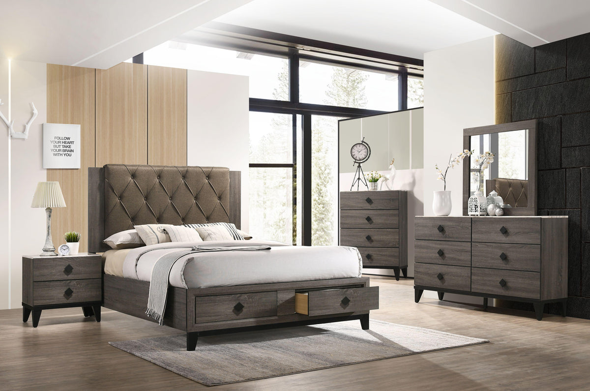 Avantika Fabric & Rustic Gray Oak Eastern King Bed (Storage)  Las Vegas Furniture Stores