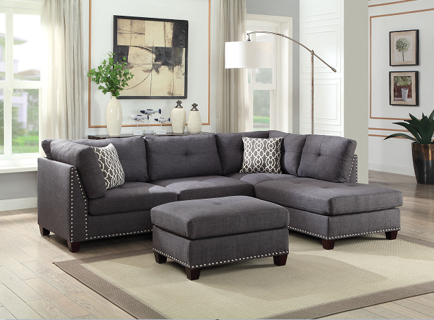 Laurissa Light Charcoal Linen Sectional Sofa & Ottoman (2 Pillows)  Las Vegas Furniture Stores