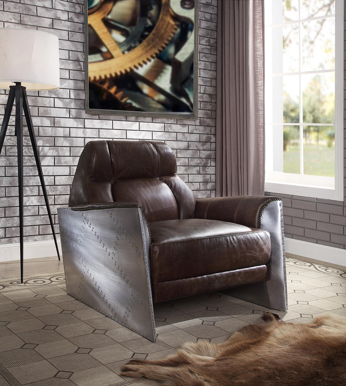 Brancaster Espresso Top Grain Leather & Aluminum Accent Chair  Las Vegas Furniture Stores