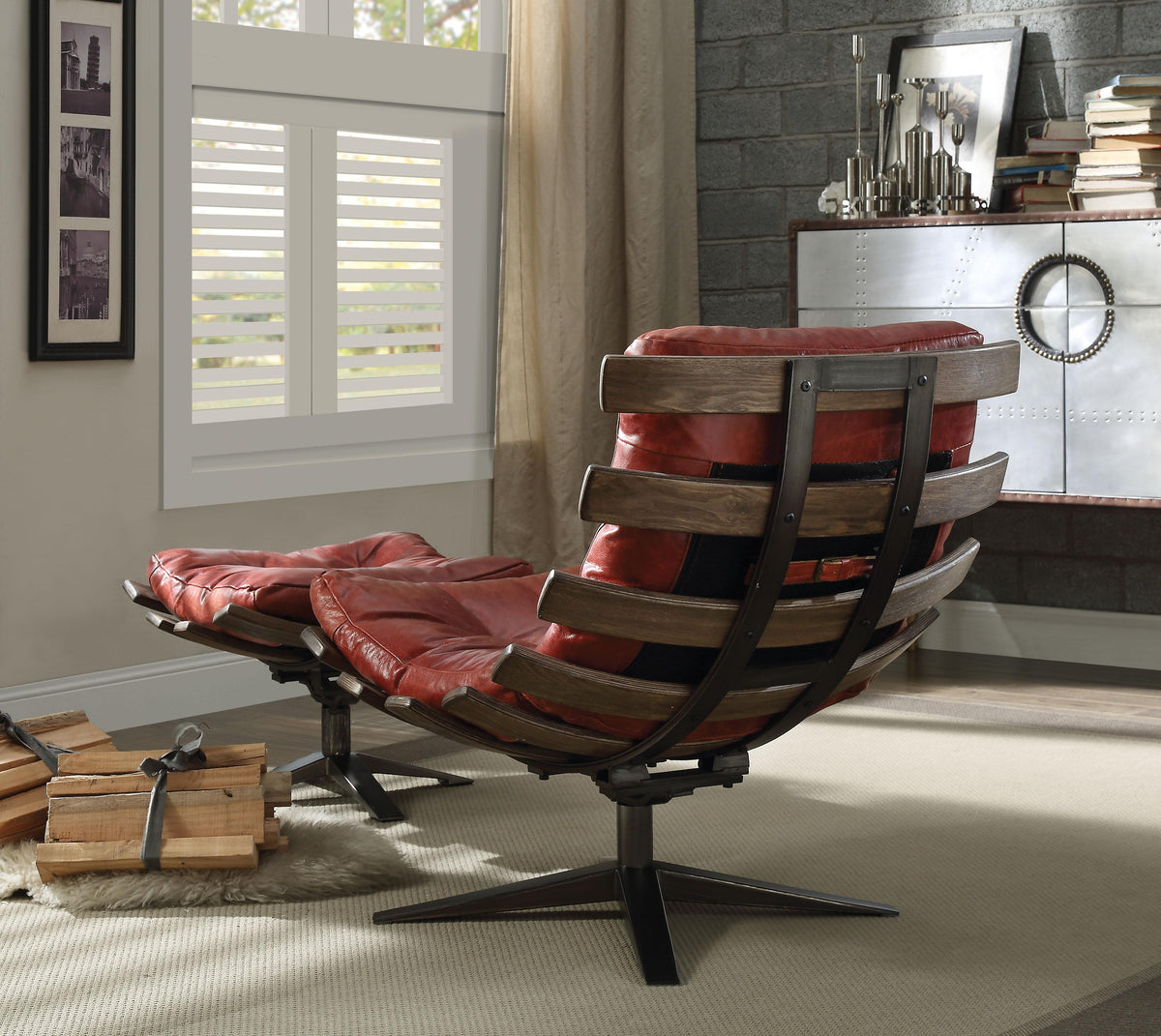 Gandy Antique Red Top Grain Leather Chair & Ottoman (2Pc Pk)  Las Vegas Furniture Stores