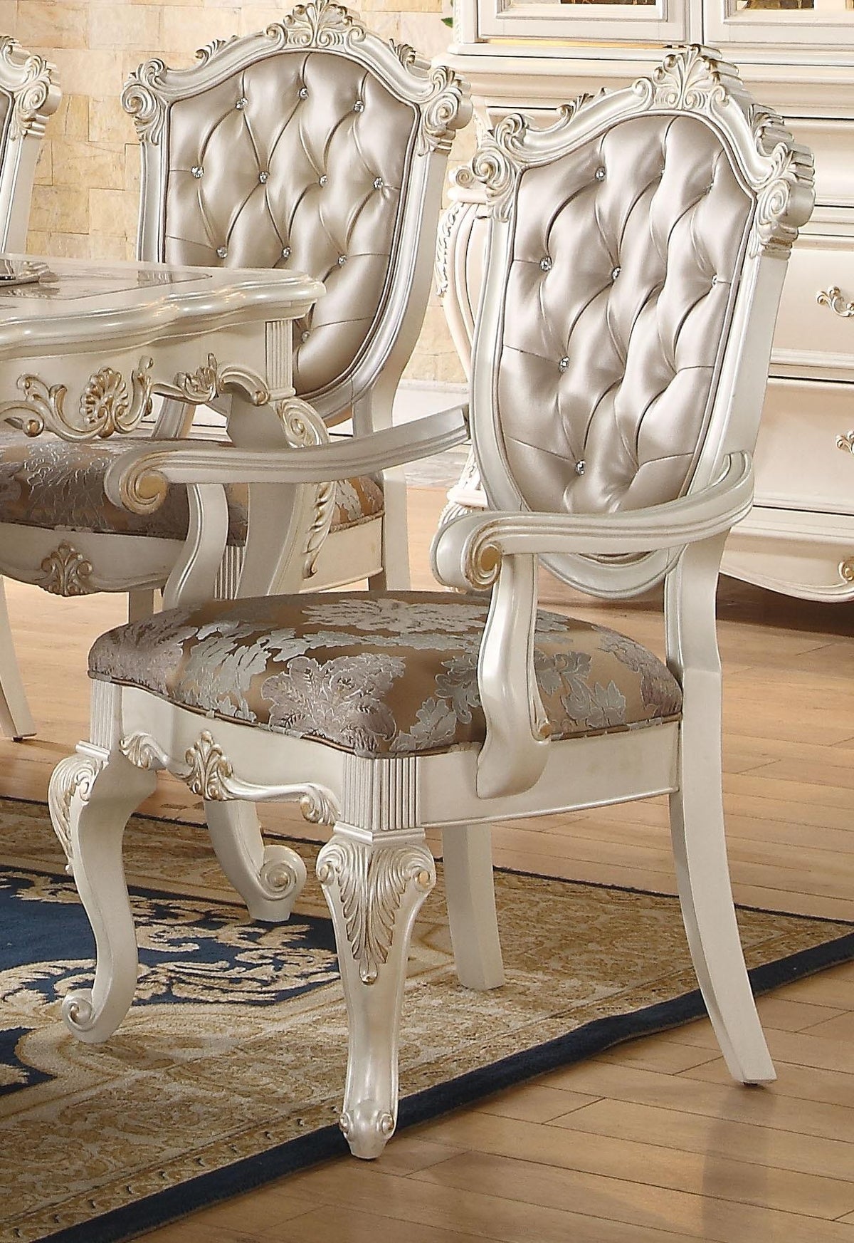 Chantelle Rose Gold PU & Pearl White Arm Chair  Las Vegas Furniture Stores