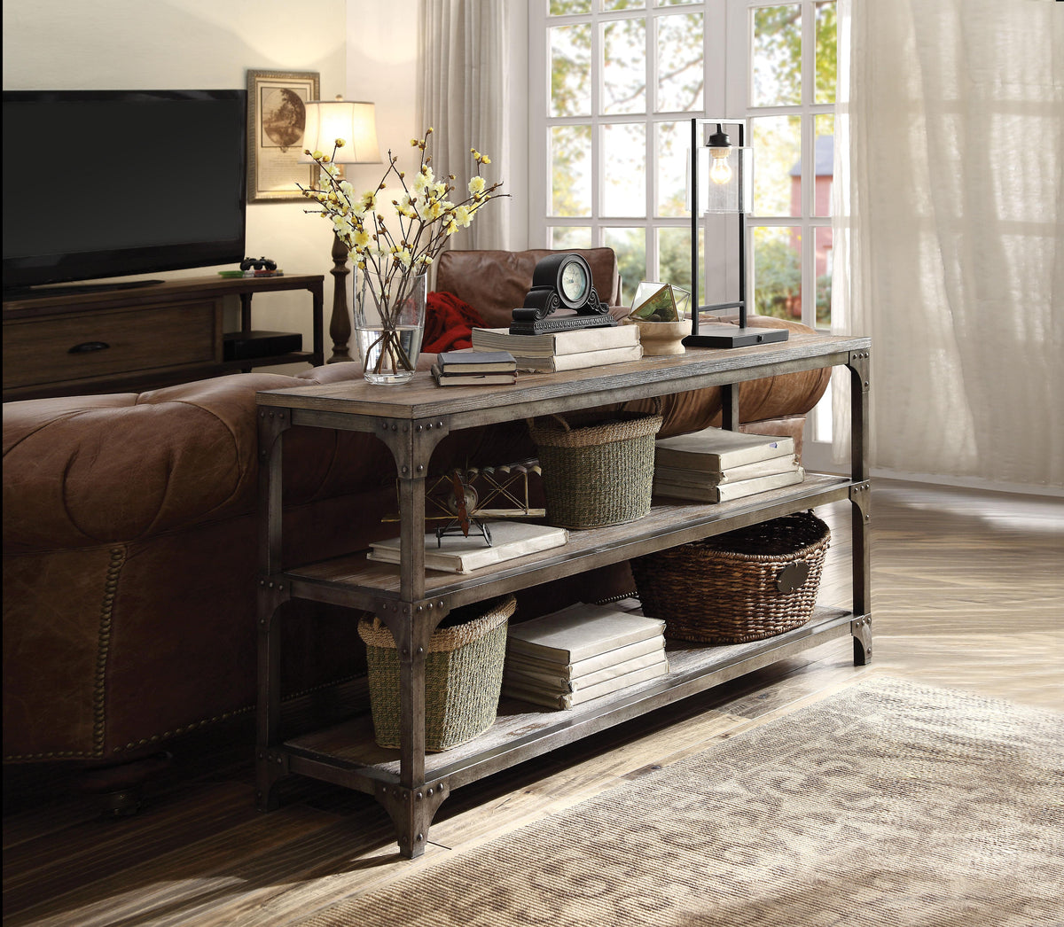 Gorden Weathered Oak & Antique Silver Console Table - Half Price Furniture