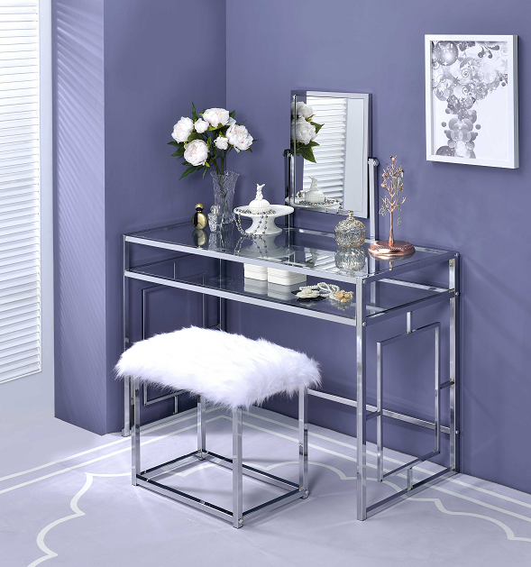 Carenze II White Faux Fur & Chrome Vanity Set  Las Vegas Furniture Stores