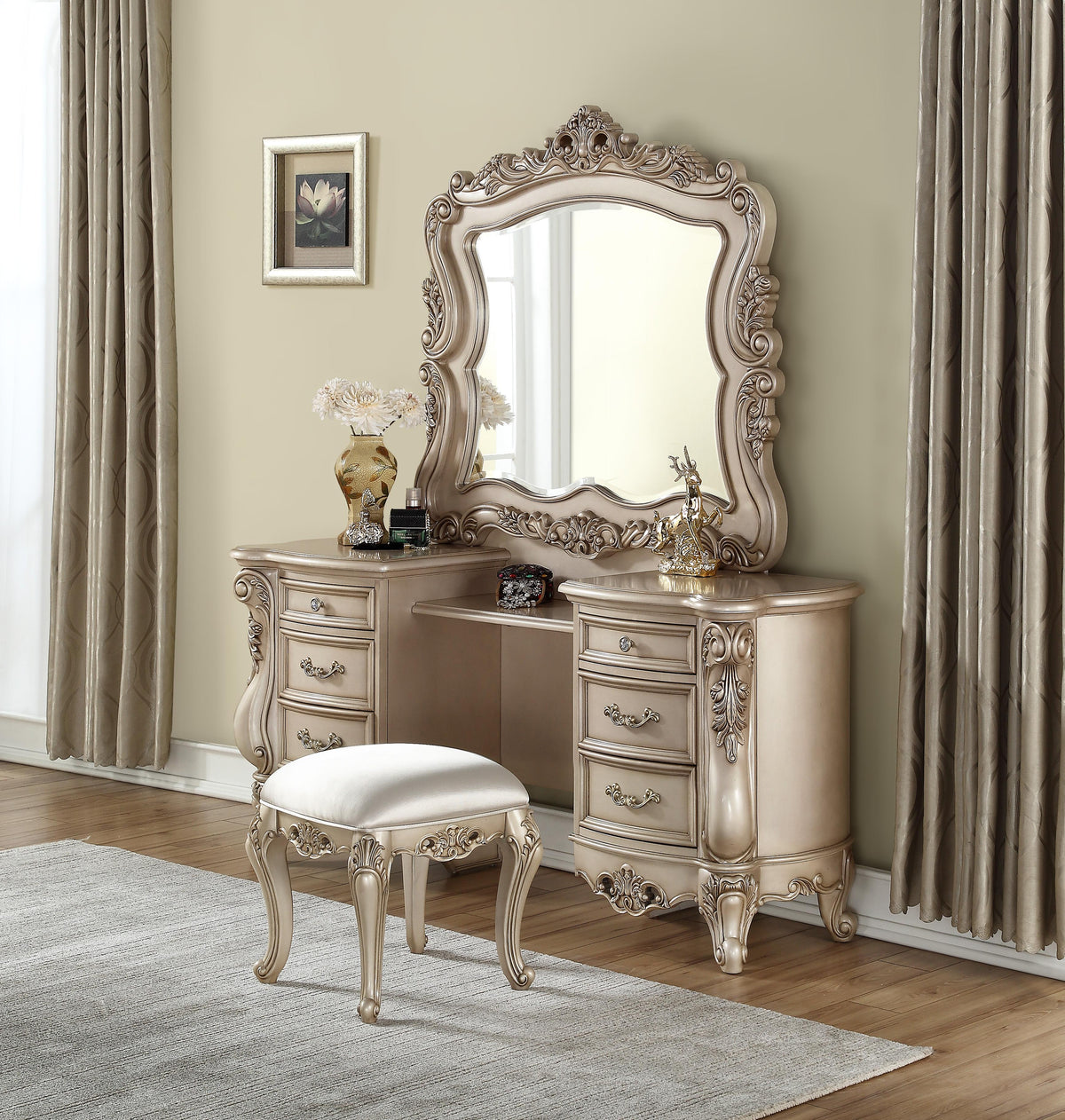 Gorsedd Antique White Vanity Desk & Mirror  Las Vegas Furniture Stores