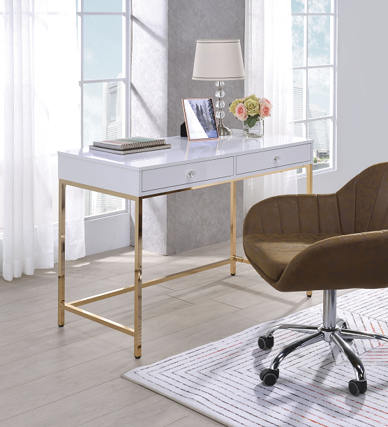 Ottey White High Gloss & Gold Desk  Las Vegas Furniture Stores