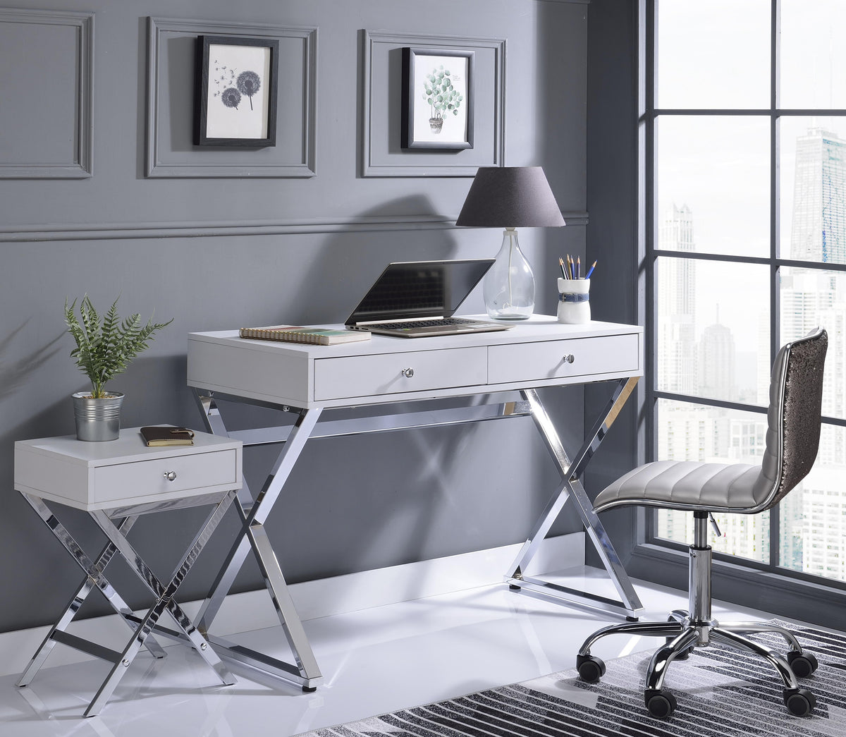 Coleen White & Chrome Desk  Las Vegas Furniture Stores