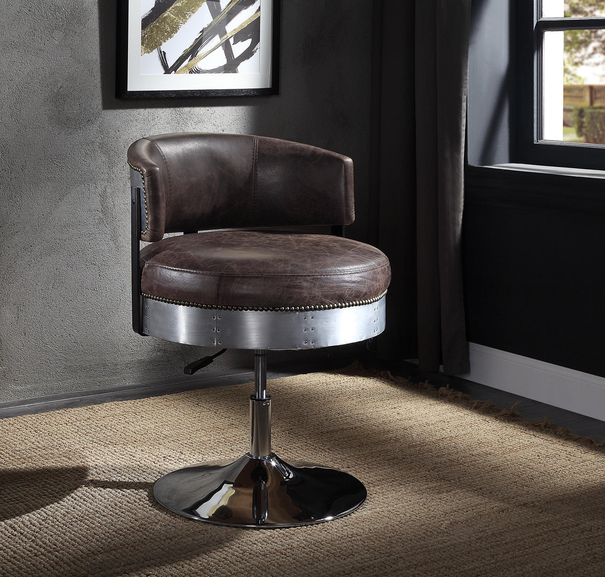 Brancaster Distress Chocolate Top Grain Leather & Chrome Accent Chair  Las Vegas Furniture Stores