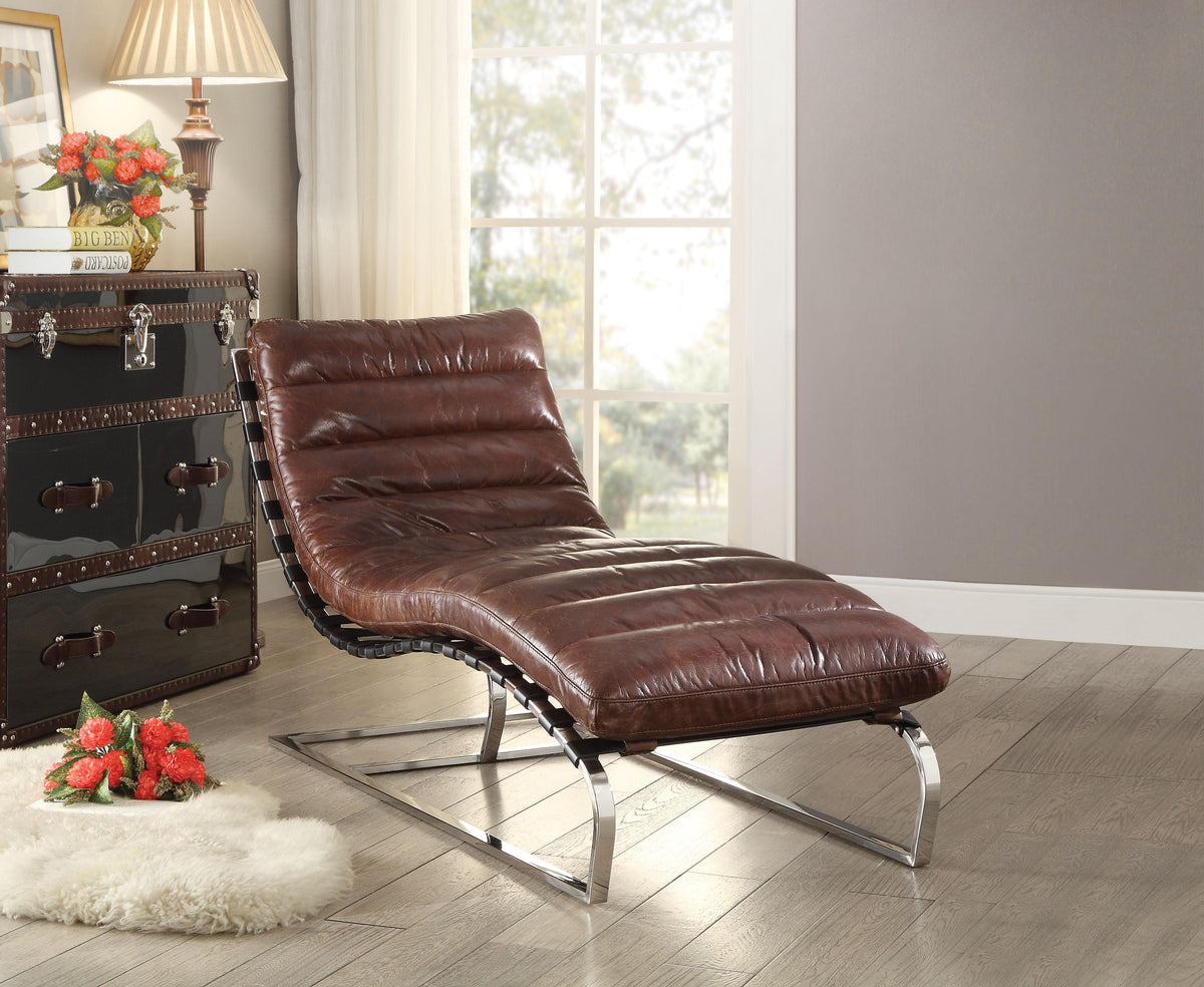 Qortini Vintage Dark Brown Top Grain Leather & Stainless Steel Chaise  Las Vegas Furniture Stores
