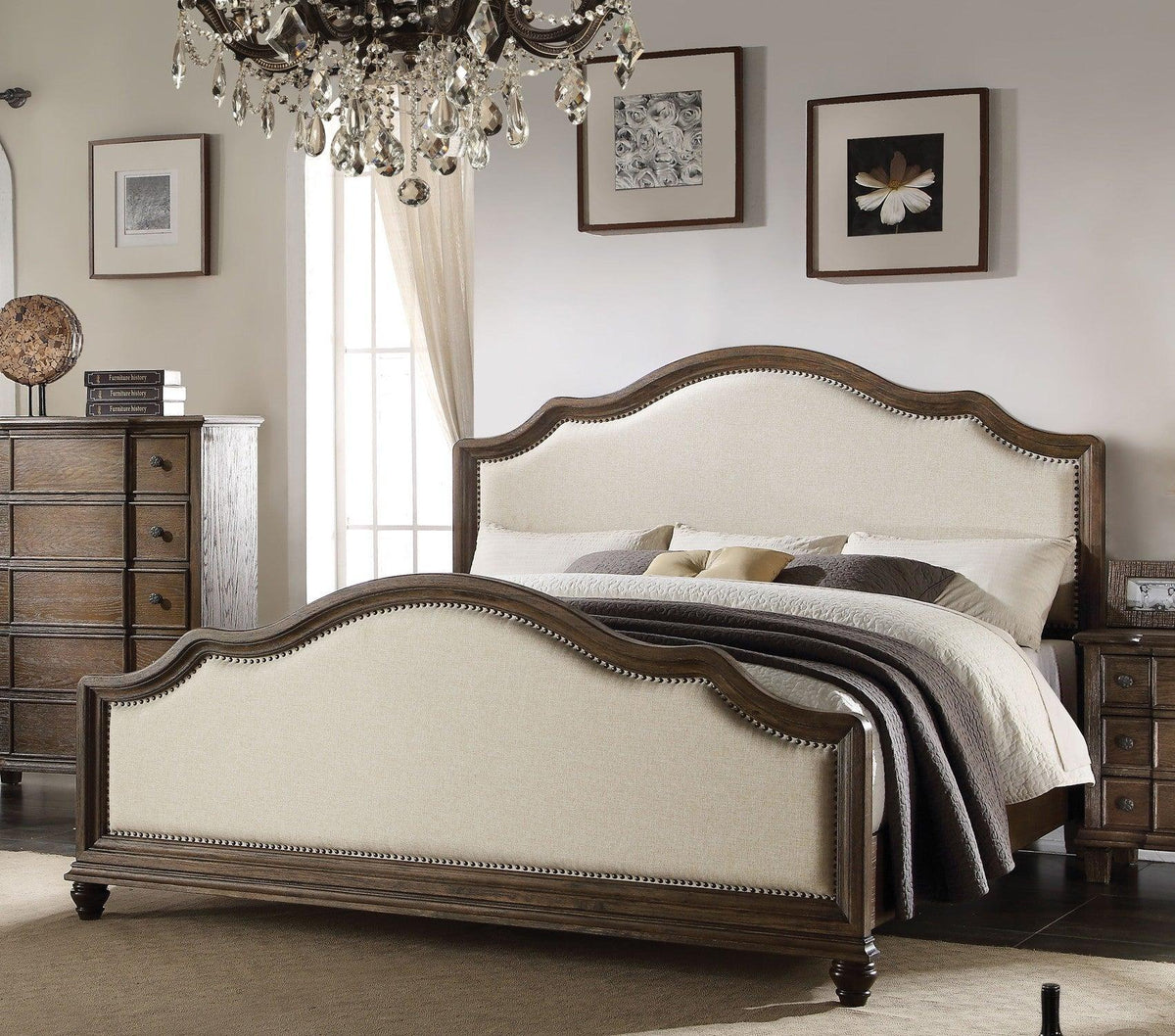 Acme Baudouin Upholstered Queen Bed in Weathered Oak 26110Q  Las Vegas Furniture Stores