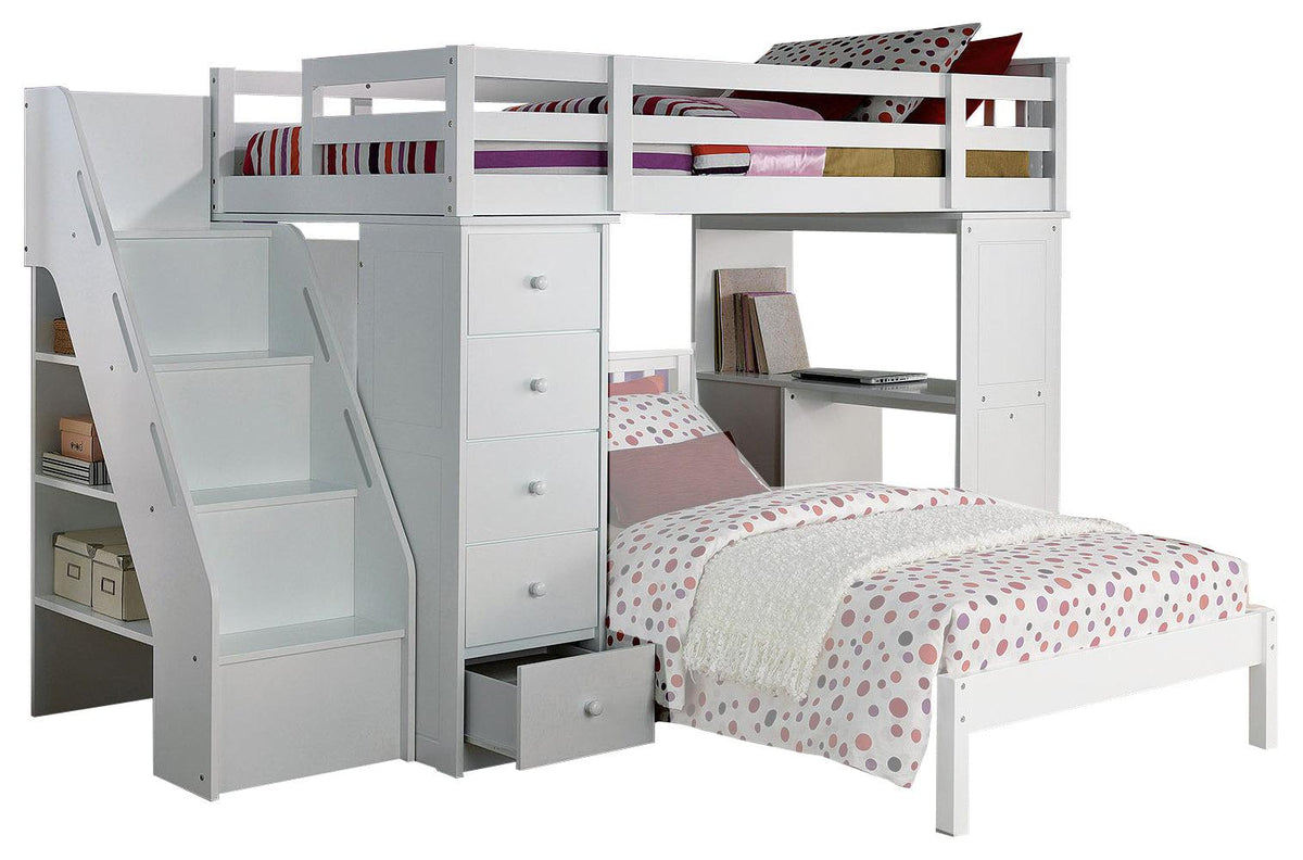 Acme Freya Loft Bed with Bookcase Ladder in White 37145  Las Vegas Furniture Stores