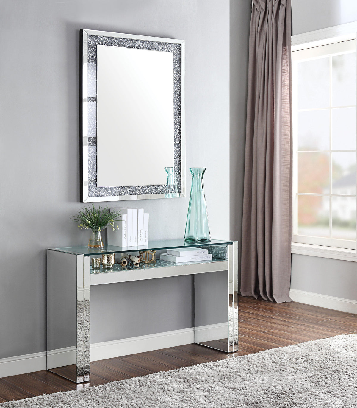 Acme Furniture Nysa Sofa Table in Mirrored & Faux Crystals 81473  Las Vegas Furniture Stores