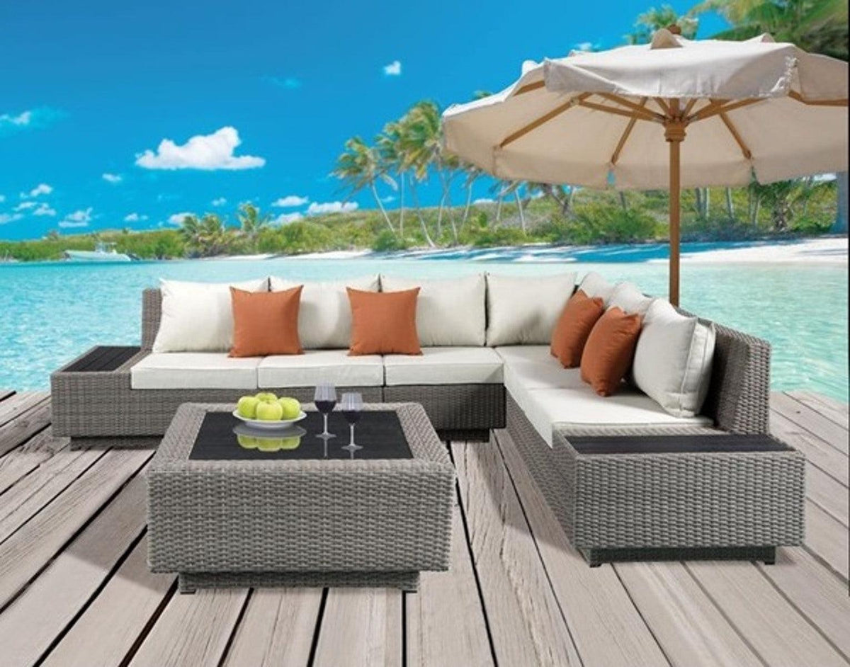 Acme Salena Patio Sectional with Cocktail Table in Beige Fabric & Gray Wicker 45020  Las Vegas Furniture Stores
