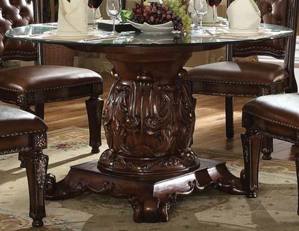 Acme Vendome Single Pedestal Dining Table with 54" Tempered Glass Top in Cherry 62010  Las Vegas Furniture Stores