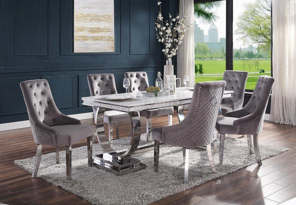Zander White Printed Faux Marble & Mirrored Silver Finish Dining Room Set  Las Vegas Furniture Stores