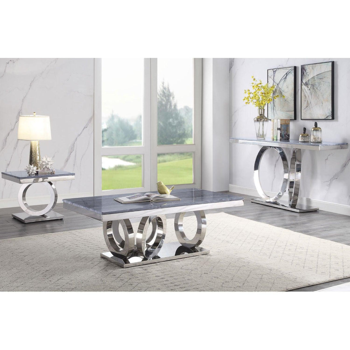 Zasir Gray Printed Faux Marble & Mirrored Silver Finish Table Set  Half Price Furniture