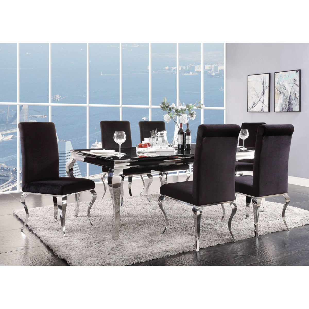 Fabiola Stainless Steel & Black Glass Dining Room Set  Las Vegas Furniture Stores