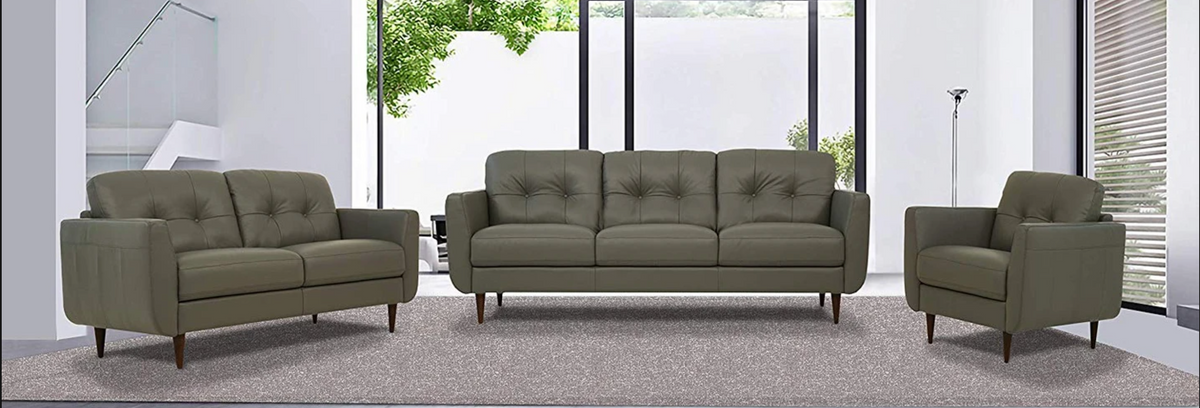 Radwan Pesto Green Leather 3-Piece Living Room Set Half Price Furniture