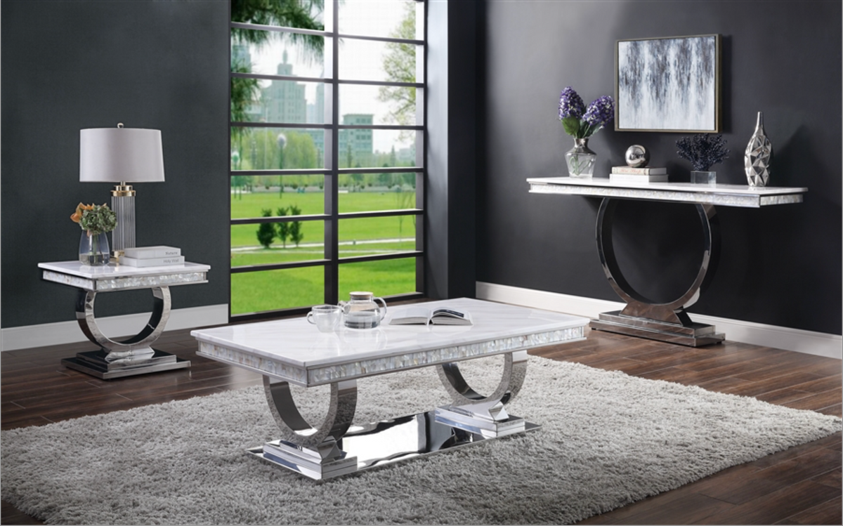 Zander White Printed Faux Marble & Mirrored Silver Finish Table Set  Las Vegas Furniture Stores