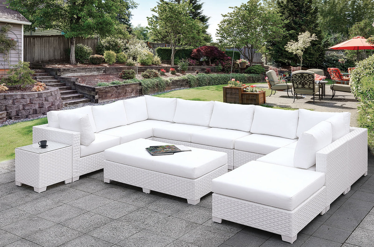 Somani Light Gray Wicker/Ivory Cushion L-Sectional + Ottoman - Outdoor Seating - Half Price Furniture