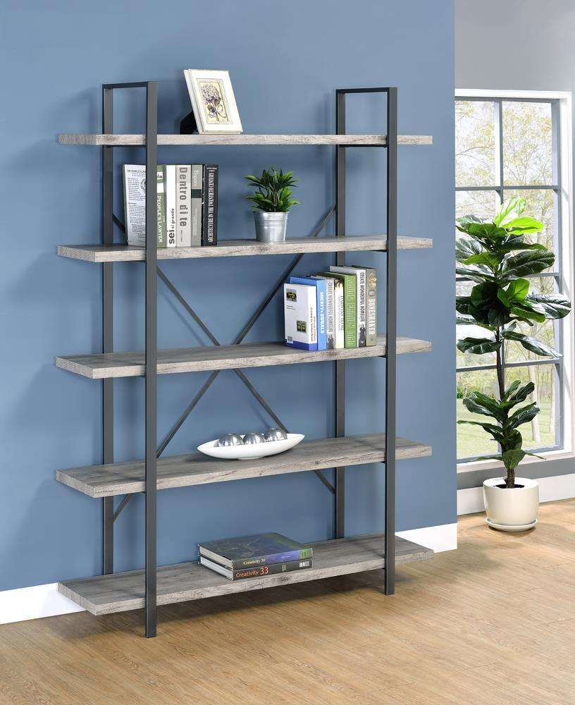 Cole 5-Shelf Bookcase Grey Driftwood and Gunmetal Half Price Furniture