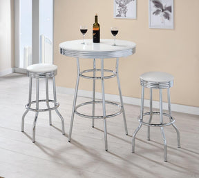 Theodore Round Bar Table Chrome and Glossy White Theodore Round Bar Table Chrome and Glossy White Half Price Furniture