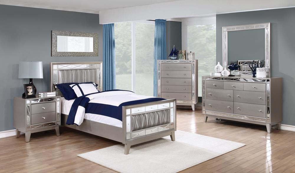 Leighton Twin Panel Bed with Mirrored Accents Mercury Metallic Leighton Twin Panel Bed with Mirrored Accents Mercury Metallic Half Price Furniture