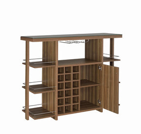 Evelio Bar Unit with Wine Bottle Storage Walnut Evelio Bar Unit with Wine Bottle Storage Walnut Half Price Furniture